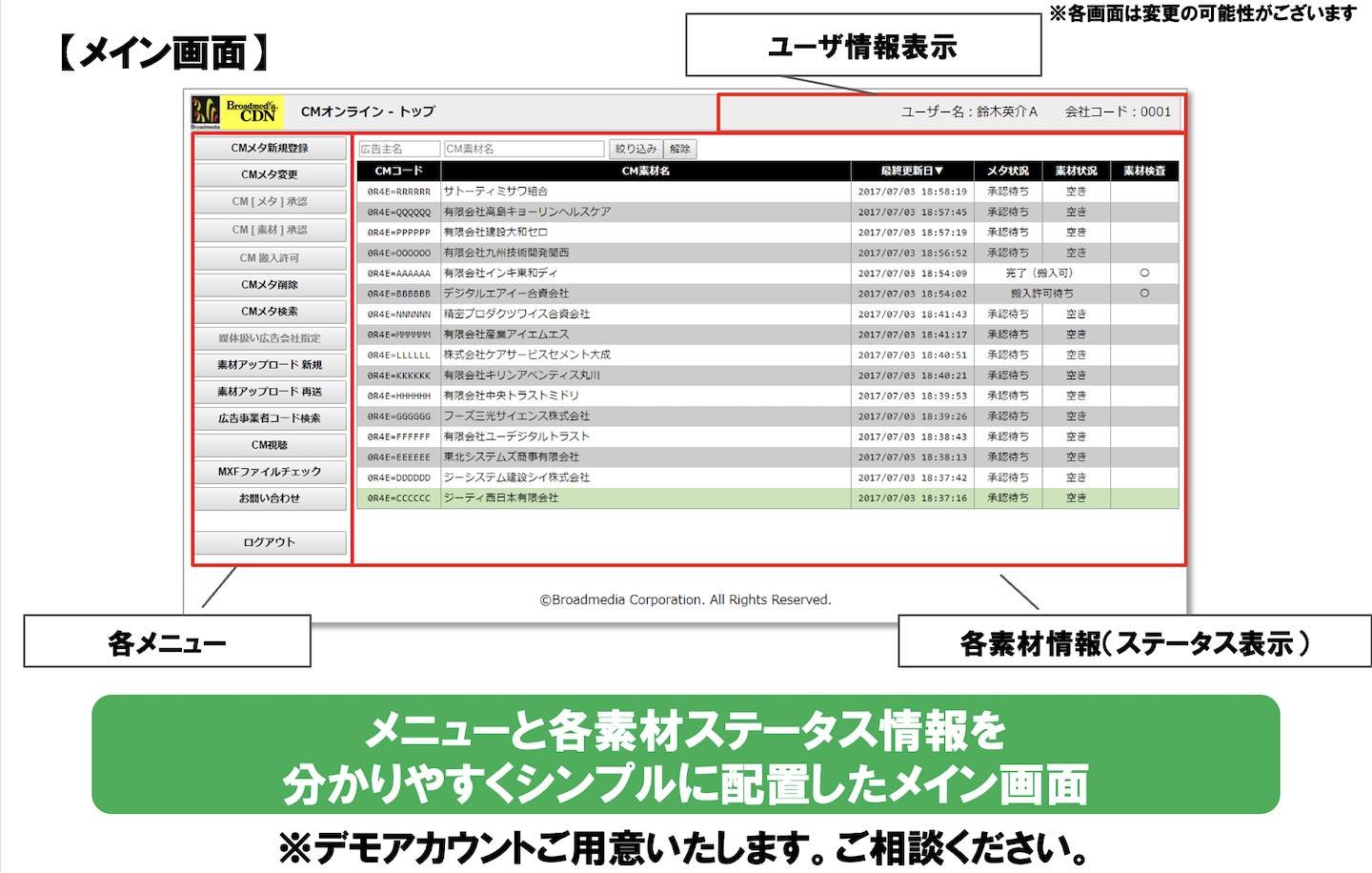 テレビCMのオンライン運用/ブロードメディア CMオンラインのシステム画面イメージ